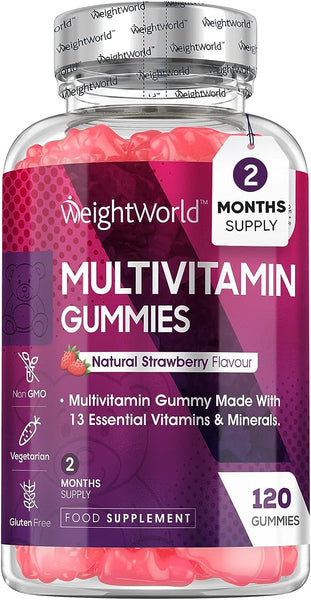 WeightWorld Multivitamin Gummies for Women & Men - 2 Months Supply - 13 Multivitamins & Minerals - 120 Vitamin Gummies - With Vitamin C, A, D, B, Biotin & Zinc - Strawberry Flavoured Chewable Multivitamins Adults