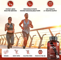 WeightWorld Gentle Iron Tablets High Strength 28mg - 400 Vegan Iron Bisglycinate Tablets (6+ Months Supply) - High Absorption Iron Supplements for Women and Men - Energy Tablets for Tiredness
