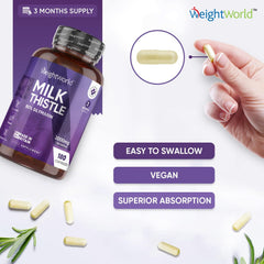 WeightWorld Milk Thistle Capsules - 180 Vegan Capsules - 3 Months Supply - High Strength Milk Thistle (Providing: 80% Silymarin) - Odour & Aftertaste Free Unlike Milk Thistle Tablets - Made in The UK