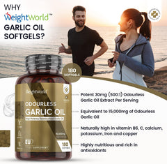 WeightWorld Garlic Capsules Odourless High Strength 45,000mg – 180 Softgels (Upto 3 Softgels A Day) - Cold Pressed Garlic Oil Extract - High in Allicin - Deodourised Garlic Supplement (not Garlic Tablets)