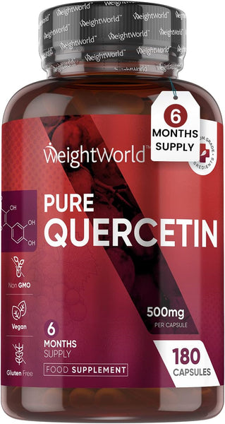 WeightWorld Pure Quercetin Capsules - 6 Months Supply (180 Vegan Quercetin Powder Capsules) - High Strength Quercetin Supplement - Offers Better Absorption & Effectiveness - Natural Immunity Supplement