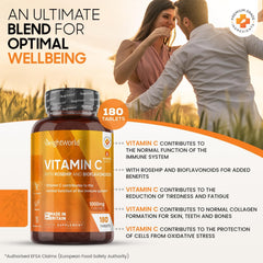 WeightWorld Vitamin C 1000mg – 180 High Strength Vitamin C Tablets with Rosehip & Bioflavonoids - Vegan Vitamin C Supplement (As Ascorbic Acid) for Immune System – Energy Tablets for Men & Women