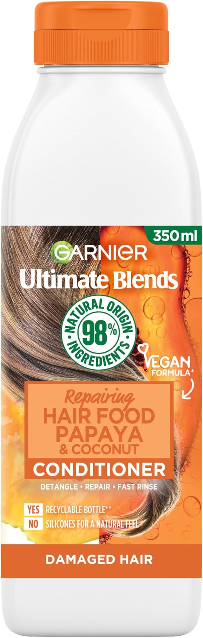 Garnier Ultimate Blends Shampoo For Damaged Hair | Papaya Hair Food Shampoo by Garnier Ultimate Blends | 98 Percent Natural Origin Ingredients | 350 ml Pack of 6