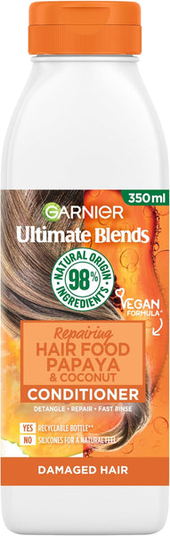 Garnier Ultimate Blends Shampoo For Damaged Hair | Papaya Hair Food Shampoo by Garnier Ultimate Blends | 98 Percent Natural Origin Ingredients | 350 ml Pack of 6
