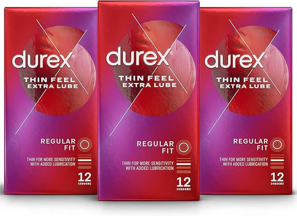 Durex Thin Feel Extra Lubricated Condoms, Pack of 3 x 12 Condoms, Total 36 Condoms