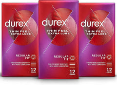 Durex Thin Feel Extra Lubricated Condoms, Pack of 3 x 12 Condoms, Total 36 Condoms