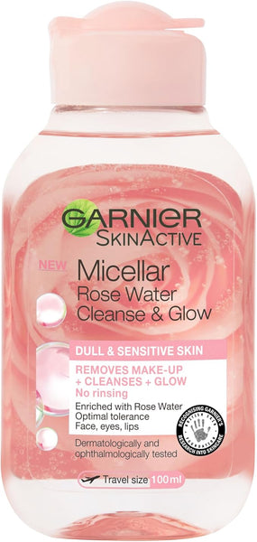 Garnier Micellar Rose Cleansing Water For Dull Skin 100ml, Glow Boosting Face Cleanser & Makeup Remover, Travel Size, Fragrance Free, Recognised By The British Skin Foundation, Use With Reusable Micellar Eco Pads