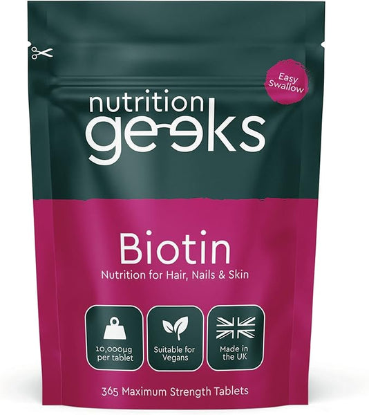 Nutrition Geeks-Biotin Hair Growth Supplement - 1 Year Supply High Strength Biotin 10,000mcg Per Tablet, Hair Skin and Nails Vitamins for Women & Men, 365 Vegan Biotin Tablets - Easy to Swallow UK Made Hair Vitamins