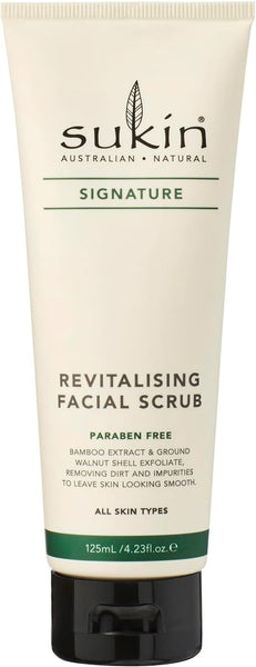 Sukin Signature Revitalising Facial Scrub 200ml -with Bamboo, Walnut Shells & Aloe Vera; cruelty free & vegan friendly - uses gentle granules to lightly exfoliate the skin, removing dirt & impurities.