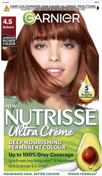 Garnier Nutrisse Permanent Hair Dye, Natural-looking, hair colour result, For All Hair Types, 4.5 Auburn