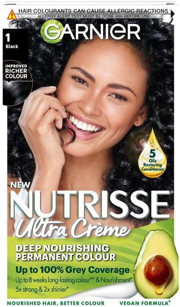 Garnier Nutrisse Permanent Hair Dye, Natural-looking, hair colour result, For All Hair Types, 1 Black