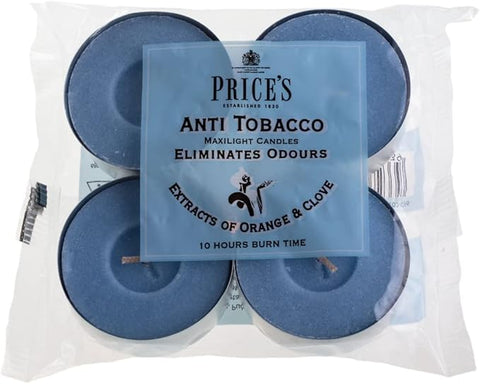 Price's - Anti-Tobacco Maxi Tealights - 4 Pack - Odour Eliminating Tealights - Made with Orange and Clove Extracts - Clean, Fresh, Quality Fragrance - Long Lasting Scent [Energy Class A]