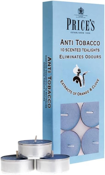 Price's - Anti-Tobacco Tealights - 10 Pack - Odour Eliminating Tealights - Made with Orange and Clove Extracts - Clean, Fresh, Quality Fragrance - Long Lasting Scent [Energy Class A]