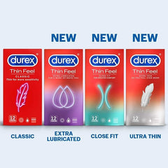 Durex Thin Feel Extra Lubricated Condoms, Pack of 3 x 12 Condoms, Total 36 Condoms