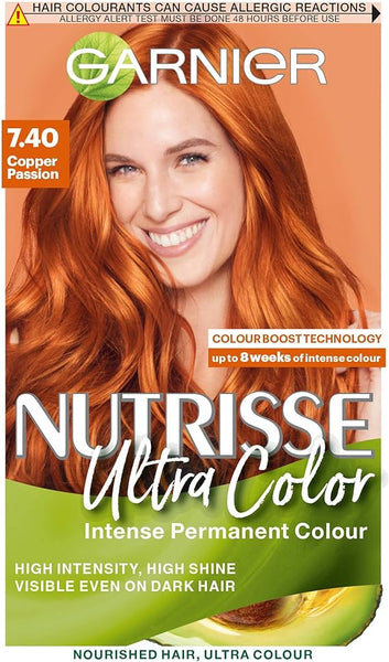 Garnier Nutrisse Ultra Color, Permanent Hair Dye, Intense Colour, For All Hair Types, 7.40 Copper Passion