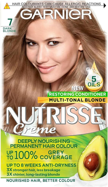 Garnier Nutrisse Permanent Hair Dye, Natural-looking, hair colour result, For All Hair Types, 7 Dark Blonde