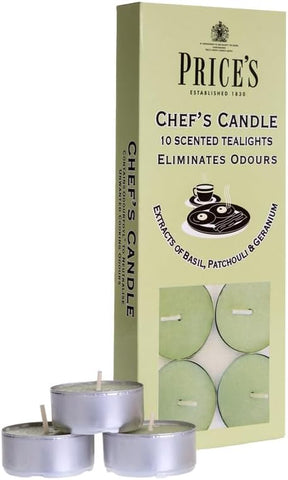 Price's - Chef's Tealights - 10 Pack - Odour Eliminating Tealights - Made with Basil, Patchouli and Geranium Extracts - Clean, Fresh, Quality Fragrance - Long Lasting Scent [Energy Class A]