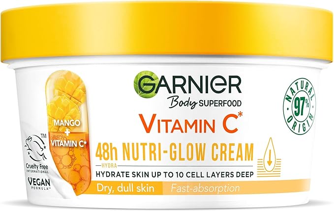 Garnier Body Superfood, Nutri Glow Body Cream, Vitamin C & Mango, for Dry & Dull Skin, Brightening & Glowing, Nourishing & Fast Absorbing, Vegan Formula, Approved by Cruelty Free International, 300ml