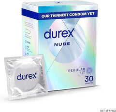 Durex Nude Condoms, Regular Fit, 30s, Extra Thin, Easy On Shape, Secure, Higher Protection, With Silicone Lube