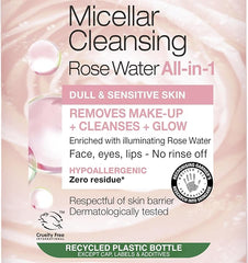 Garnier Micellar Rose Water For Dull Skin 400 ml, Glow Boosting Face Cleanser and Makeup Remover, Recognised By The British Skin Foundation, Use With Reusable Micellar Eco Pads