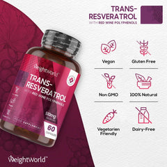 WeightWorld Resveratrol Supplements 510mg - 60 Capsules -Trans Resveratrol (from Knotweed) Skin Supplements - Black Pepper Extract & Red Wine Polyphenol from Grape Skin Extract - Vegan Resveratrol Powder Capsule