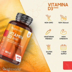 WeightWorld Vitamin D3 2000 IU - 400 Tablets (Over A Year Supply) Natural Vitamin D Tablets, Vitamin D Contributes to Normal Immune System & Blood Calcium Levels (EFSA), Vegetarian - Easy to Take Micro Tablets