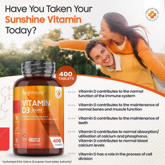 WeightWorld Vitamin D3 2000 IU - 400 Tablets (Over A Year Supply) Natural Vitamin D Tablets, Vitamin D Contributes to Normal Immune System & Blood Calcium Levels (EFSA), Vegetarian - Easy to Take Micro Tablets