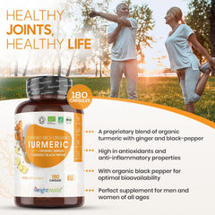 WeightWorld Organic Turmeric and Black Pepper Capsules 1520mg - with Ginger & Active Curcumin - 180 Vegan Turmeric Capsules High Strength - Soil Association Certified Turmeric Supplement