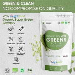 WeightWorld Organic Super Greens Powder 200g (40 Servings) – Vitamins & Mineral Rich Green Powder - Soil Association Certified - Blend of Greens and Superfood Powder - GMO Free & Alkaline Superfood Powder