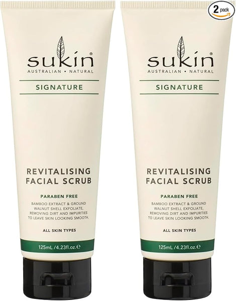 Sukin Signature Revitalising Facial Scrub (Pack of 2) -with Bamboo, Walnut Shells & Aloe Vera; cruelty free & vegan friendly - uses gentle granules to lightly exfoliate the skin, removing dirt & impurities