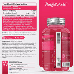 WeightWorld Zinc Gummies 50mg Per 2 Gummy – 90 Vegan Zinc Citrate Gummies - Natural Raspberry Flavour –Alternative to Bitter Zinc Tablets - Immunity, Skin & Hair Gummies - Zinc Supplement for Men and Women