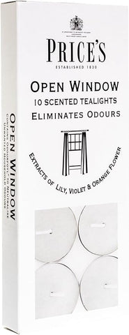 Price's - Open Window Tealights - Pack of 10 - Odour Eliminating Tealights - Made with Lily, Violet and Orange Flower Extracts - Clean, Fresh, Quality Fragrance - Long Lasting Scent [Energy Class A]