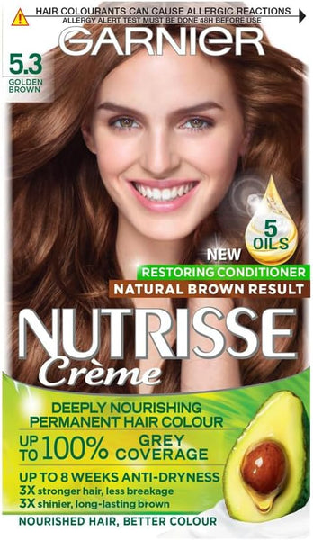 Garnier Nutrisse Permanent Hair Dye, Natural-looking, hair colour result, For All Hair Types, 5.3 Golden Brown
