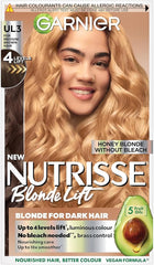 Garnier Permanent Hair Colour, Nutrisse Blonde Lift, Blonde For Dark Hair, With Anti-Brass Conditioner, For Non-Coloured Hair, Cruelty Free, Vegan Formula, Shade UL3 Honey Blonde