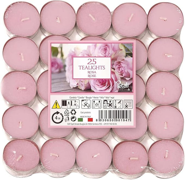 Price's Petali Brand Scented Tealights | 25 Pack Tealights 4 Hour Burn Time | Available in Multiple Scents (Rose)