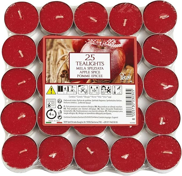 Price's Petali Brand Scented Tealights | 25 Pack Tealights 4 Hour Burn Time | Available in Multiple Scents (Apple Spice)