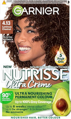 Garnier Nutrisse Creme Brown Hair Dye Permanent, Up to 100 percent Grey Hair Coverage, 90 percent Natural origin formula, No Ammonia, with 5 Fruit Oils, 4.13 Luminous Chestnut, 75 ml