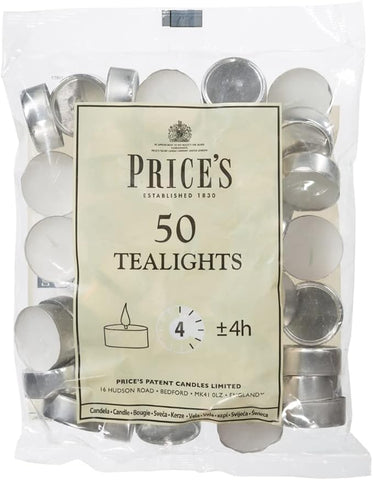 Prices Patent Candles White Tealights Bag, Pack of 50, Wax, l x 3.8cm w x 1.8cm h, Unscented