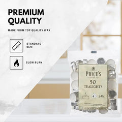 Prices Patent Candles White Tealights Bag, Pack of 50, Wax, l x 3.8cm w x 1.8cm h, Unscented