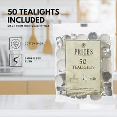 Prices Patent Candles White Tealights Bag, Pack of 50, Wax, l x 3.8cm w x 1.8cm h, Unscented