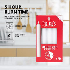 Price's - Household Candles - Pack of 5 - Unscented - 5 Hour Burn Time - Premium White Wax