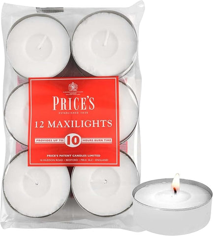 Price's - Maxi Tealights - Pack of 12 - Unscented - 10 Hour Burn Time - Quality White Wax [Energy Class A]