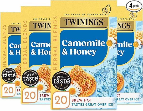 Twinings Camomile and Honey FlavouredTea - 80 Biodegradable Tea Bags (Multipack of 4 x 20 Bags), Soothing Herbal Blend, Caffeine-Free, Naturally Sweetened