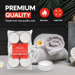Price's - Maxi Tealights - Pack of 12 - Unscented - 10 Hour Burn Time - Quality White Wax [Energy Class A]