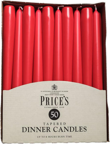Price's Candles Tapered Dinner Candles Red Unscented Wax Pack of 50 | 7 Hour Burn Time Elegant Long Candles for Home Decor, Events, Celebrations & Dining