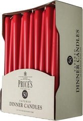 Price's Candles Tapered Dinner Candles Red Unscented Wax Pack of 50 | 7 Hour Burn Time Elegant Long Candles for Home Decor, Events, Celebrations & Dining