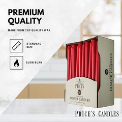 Price's Candles Tapered Dinner Candles Red Unscented Wax Pack of 50 | 7 Hour Burn Time Elegant Long Candles for Home Decor, Events, Celebrations & Dining