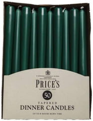 Price's Candles Tapered Dinner Candles Green Unscented Wax Pack of 50 | 7 Hour Burn Time Elegant Long Candles for Home Decor, Events, Celebrations & Dining