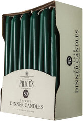 Price's Candles Tapered Dinner Candles Green Unscented Wax Pack of 50 | 7 Hour Burn Time Elegant Long Candles for Home Decor, Events, Celebrations & Dining