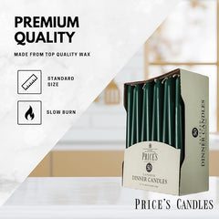 Price's Candles Tapered Dinner Candles Green Unscented Wax Pack of 50 | 7 Hour Burn Time Elegant Long Candles for Home Decor, Events, Celebrations & Dining
